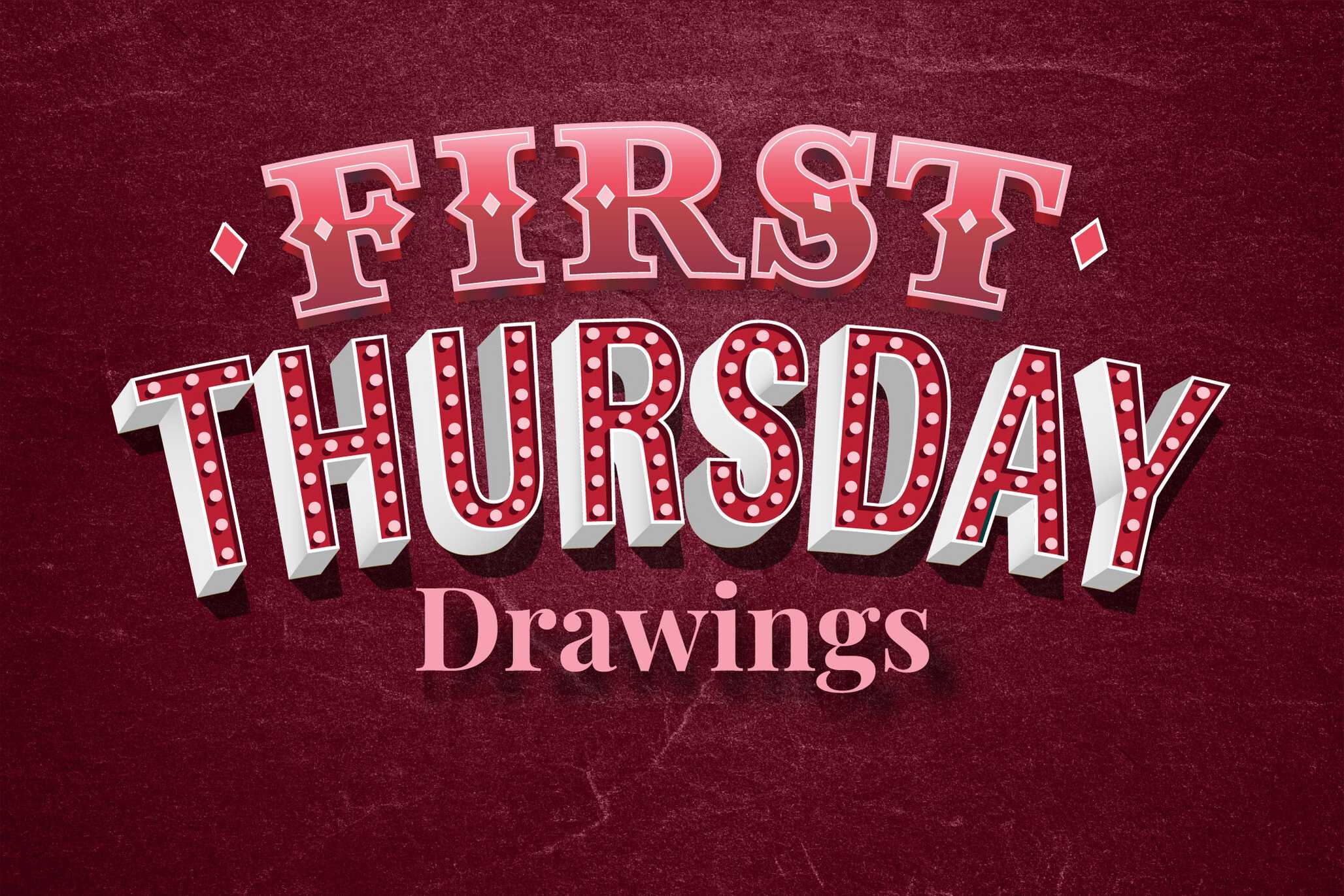 Jamul Casino promotional graphic for February's First Thursday Drawings with bold, decorative text on a red background.