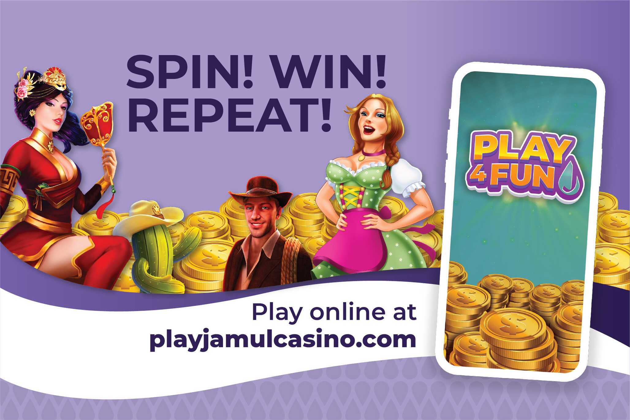 Play4Fun online gaming at playjamulcasino.com with colorful slot game characters and gold coins.