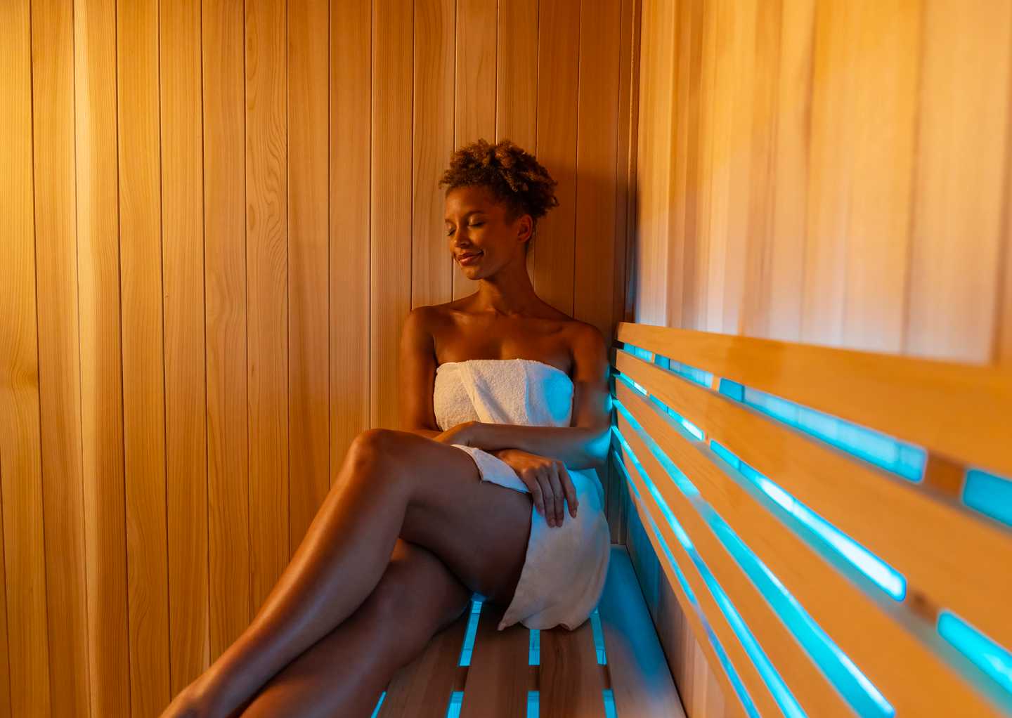 Woman relaxing in the sauna at Jamul Spa